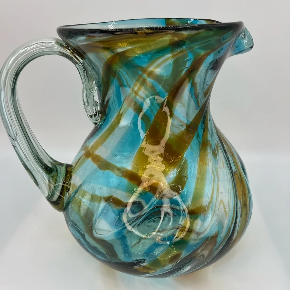 Mexican Hand Blown Art Glass Pitcher Turquoise Brown Vessel With Handle Swirl